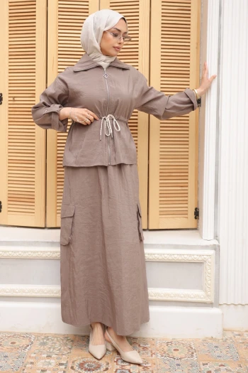 Vizon Fermuarlı Ceket Kargo Cepli Etekli Takım