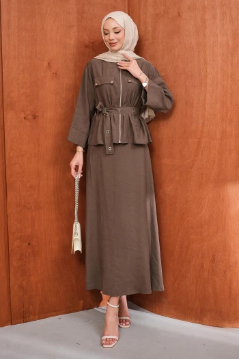 Vizon Fermuarlı Kuşgözlü Kemerli Ceket Etekli Takım