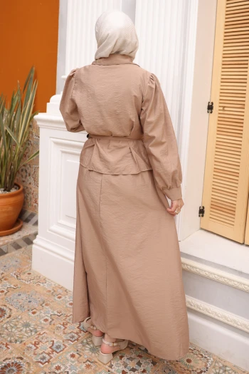 Vizon Kemerli Düğmeli Gömlek Etekli Takım