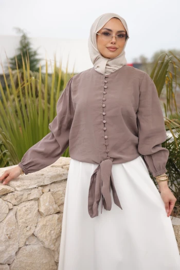 Vizon Kol Lastikli Bel Bağlamalı Gömlek