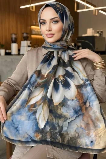 Vizon Lacivert Desenli Soft Şal