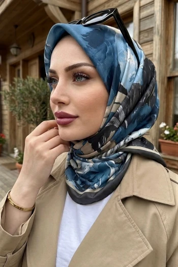 Vizon Mavi Desenli Soft Eşarp