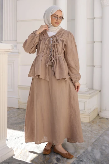 Vizon Ön Bağlamalı Kol Lastikli Kimono Etekli Takım