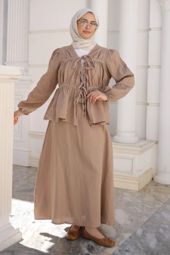 Vizon Ön Bağlamalı Kol Lastikli Kimono Etekli Takım