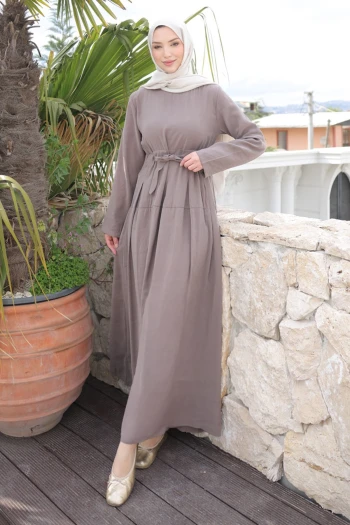 Vizon Ön Etek Pileli Belden  Bağlamalı Modal Dokuma Elbise