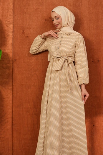 Vizon Yaka Düğmeli Yan Bağlamalı Çizgili Elbise