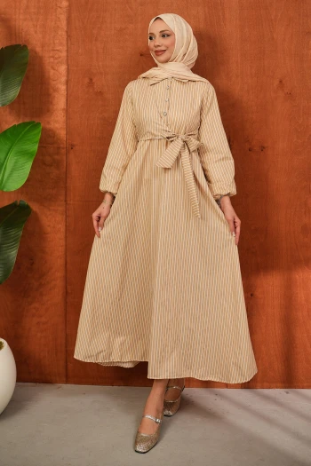 Vizon Yaka Düğmeli Yan Bağlamalı Çizgili Elbise