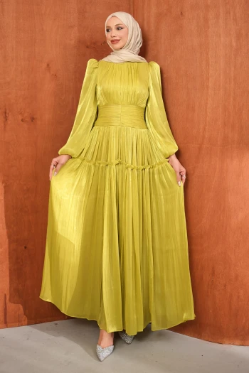 Yağ Yeşili Bel Büzgülü Katlı Abiye
