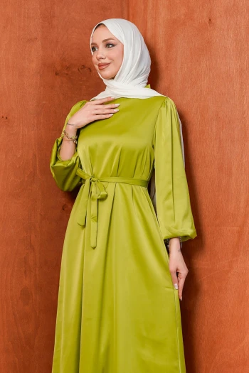 Yağ Yeşili Hakim Yaka Balon Kol Saten Abiye Elbise