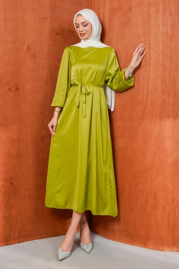Yağ Yeşili Hakim Yaka Balon Kol Saten Abiye Elbise