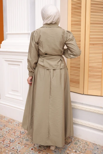 Yağ Yeşili Kemerli Düğmeli Gömlek Etekli Takım