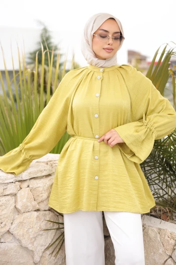 Yağ Yeşili Kol Ve Bel Bağlamalı Düğmeli Tunik