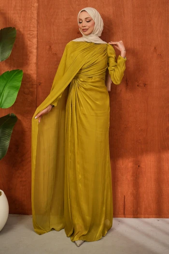 Yağ Yeşili Önü Büzgülü Abiye