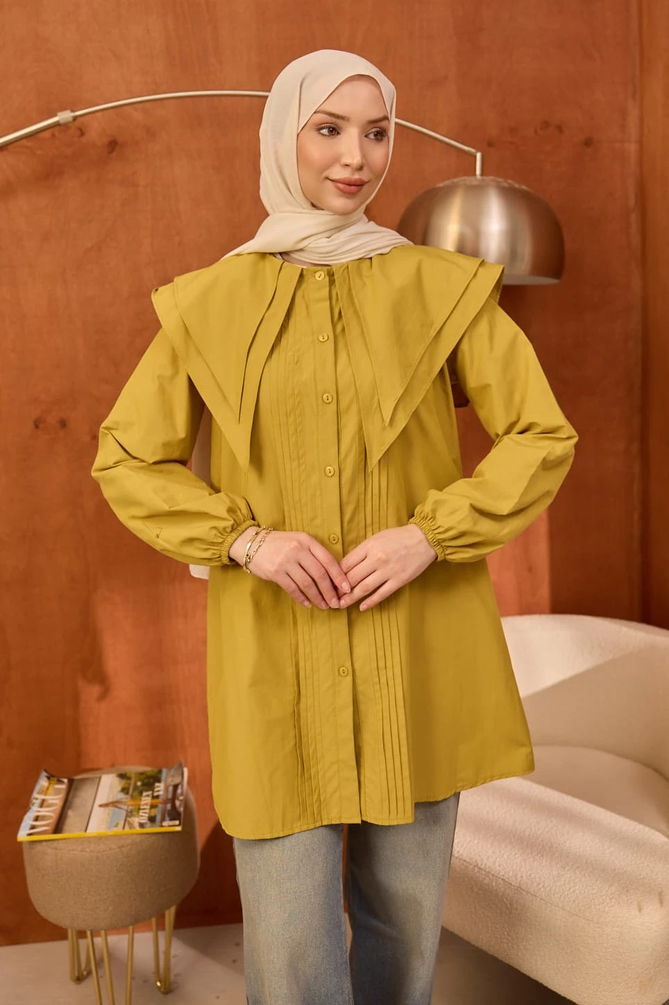 Yağ Yeşili Önü Nervürlü Çift Yakalı Poplin Tunik