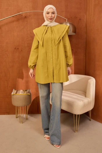 Yağ Yeşili Önü Nervürlü Çift Yakalı Poplin Tunik