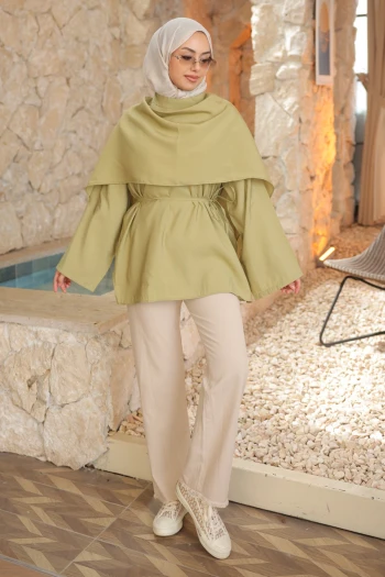 Yağ Yeşili Şal Detay Bel Bağlamalı Bluz