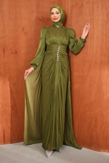 Yağ Yeşili Taş Detaylı Drapeli Janjan Abiye