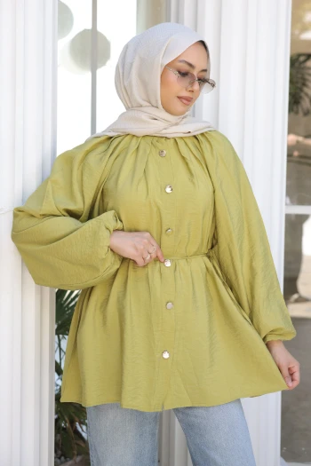 Yağ Yeşili Yaka Pileli Bel Bağlamalı Gömlek
