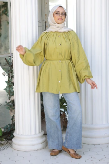 Yağ Yeşili Yaka Pileli Bel Bağlamalı Gömlek