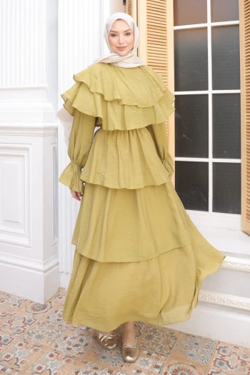 Yağ Yeşili Yakalı Katlı Beli Lastikli Elbise