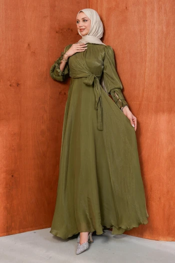 Yağ Yeşili Yandan Bağlamalı Abiye