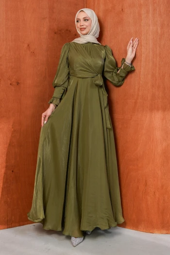 Yağ Yeşili Yandan Bağlamalı Abiye