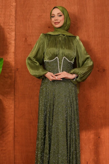 Yeşil Boncuk İşlemeli Balık Model Abiye