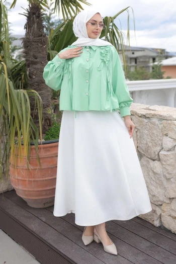 Yeşil Omuz Büzgülü Gömlek