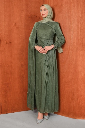 Yeşil Pelerin Detaylı Drapeli Taşlı Abiye