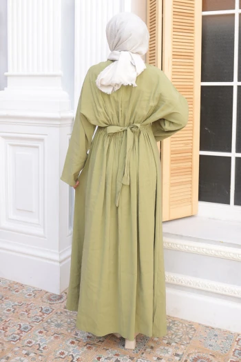 Yeşil Pens Dikişli Bel Lastikli Modal Dokuma Elbise