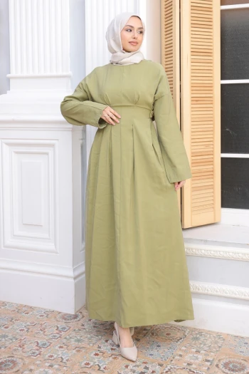 Yeşil Pens Dikişli Bel Lastikli Modal Dokuma Elbise