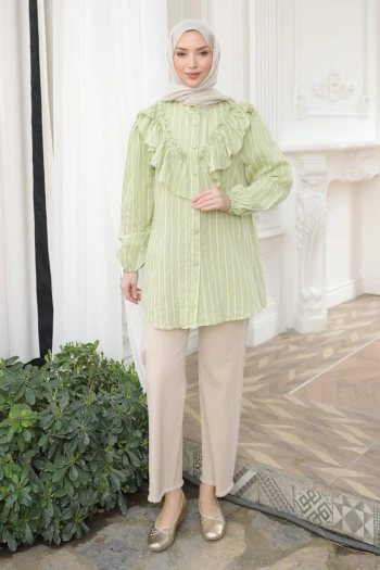 Yeşil Yaka Detaylı Kol Lastikli Çizgili Gömlek