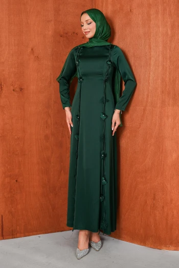 Zümrüt Yeşili Çiçek Detaylı Saten Abiye