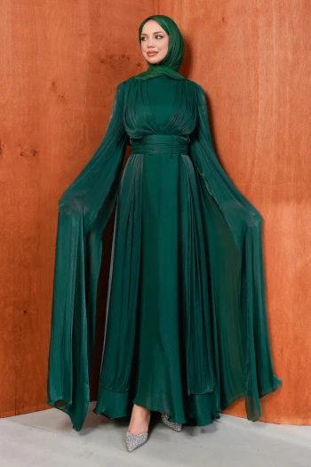 Zümrüt Yeşili Omuz Detaylı Drapeli Abiye