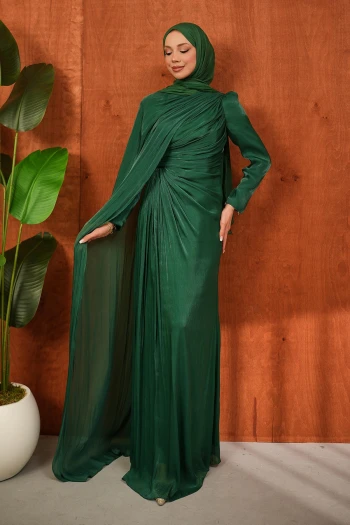 Zümrüt Yeşili Önü Büzgülü Abiye