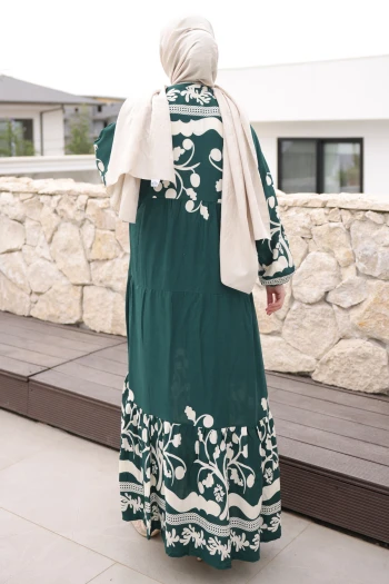 Zümrüt Yeşili Yarım Düğmeli Kol Lastikli Viskon Elbise