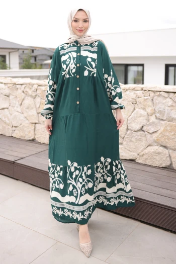 Zümrüt Yeşili Yarım Düğmeli Kol Lastikli Viskon Elbise