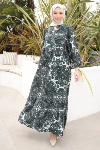 Zümrüt Yeşili Yarım Düğmeli Kol Lastikli Viskon Elbise