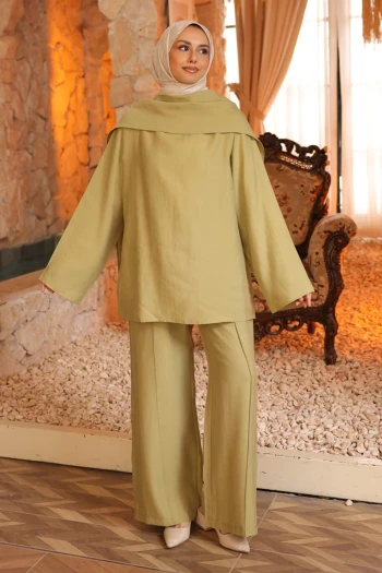 Ada Çayı Şal Detaylı Tunik Pantolonlu Takım