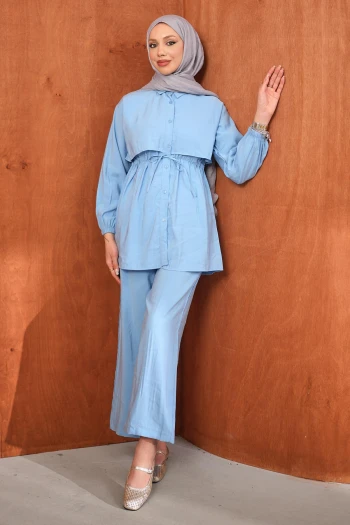 Bebe Mavi Bel Bağlamalı Tunik Pantolonlu Takım