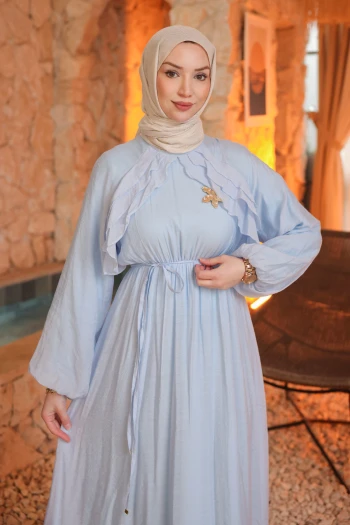 Bebe Mavi Bel Lastikli Fırfırlı Elbise