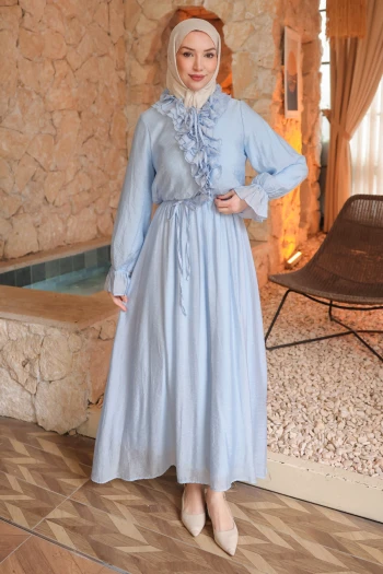 Bebe Mavi Bel Lastikli Fırfırlı Elbise