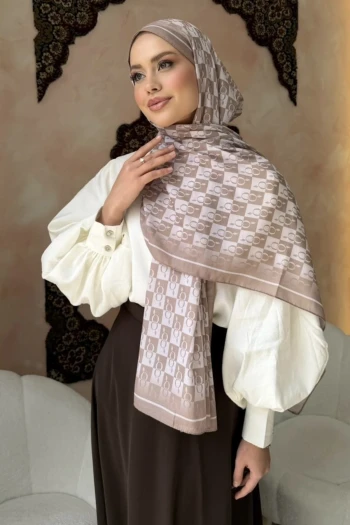 Bej Monogram Desenli Soft Şal