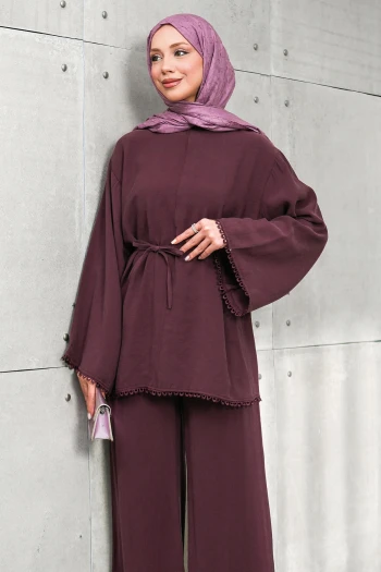 Bordo Bel Bağlamalı Tunik Pantolonlu Takım