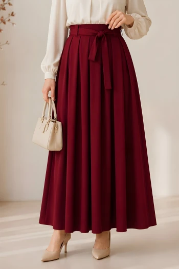 Bordo Bel Kemerli Pileli Etek