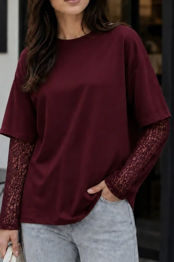 Bordo Bisiklet Yaka Kol Dantelli T-Shirt