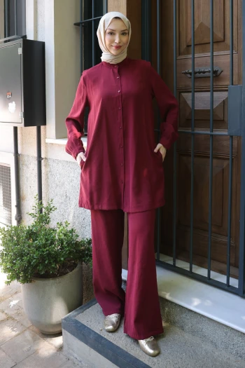 Bordo Düğmeli Tunik Pantolonlu Takım