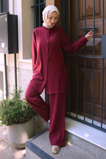 Bordo Düğmeli Tunik Pantolonlu Takım
