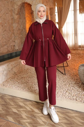 Bordo Eteği Piliseli Tunik Pantolonlu Takım