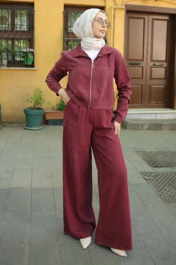 Bordo Fermuarlı Ceket Pantolonlu Tencel Takım